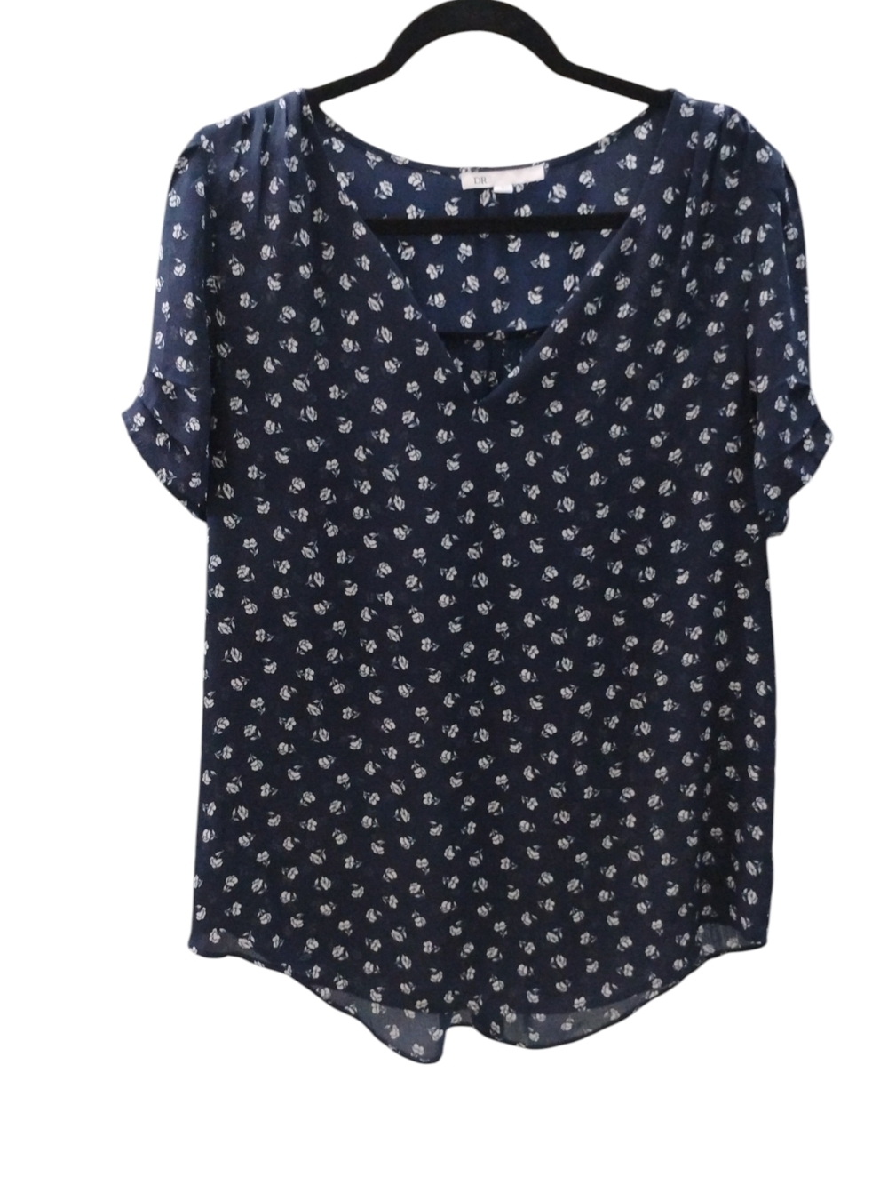 DR2 Navy Floral V-Neck Short Sleeve Blouse SZ L